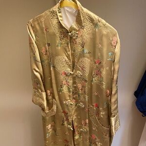 Vintage Chinese Womens Gold Silk Brocade Embroidered Long Coat Jacket Robe